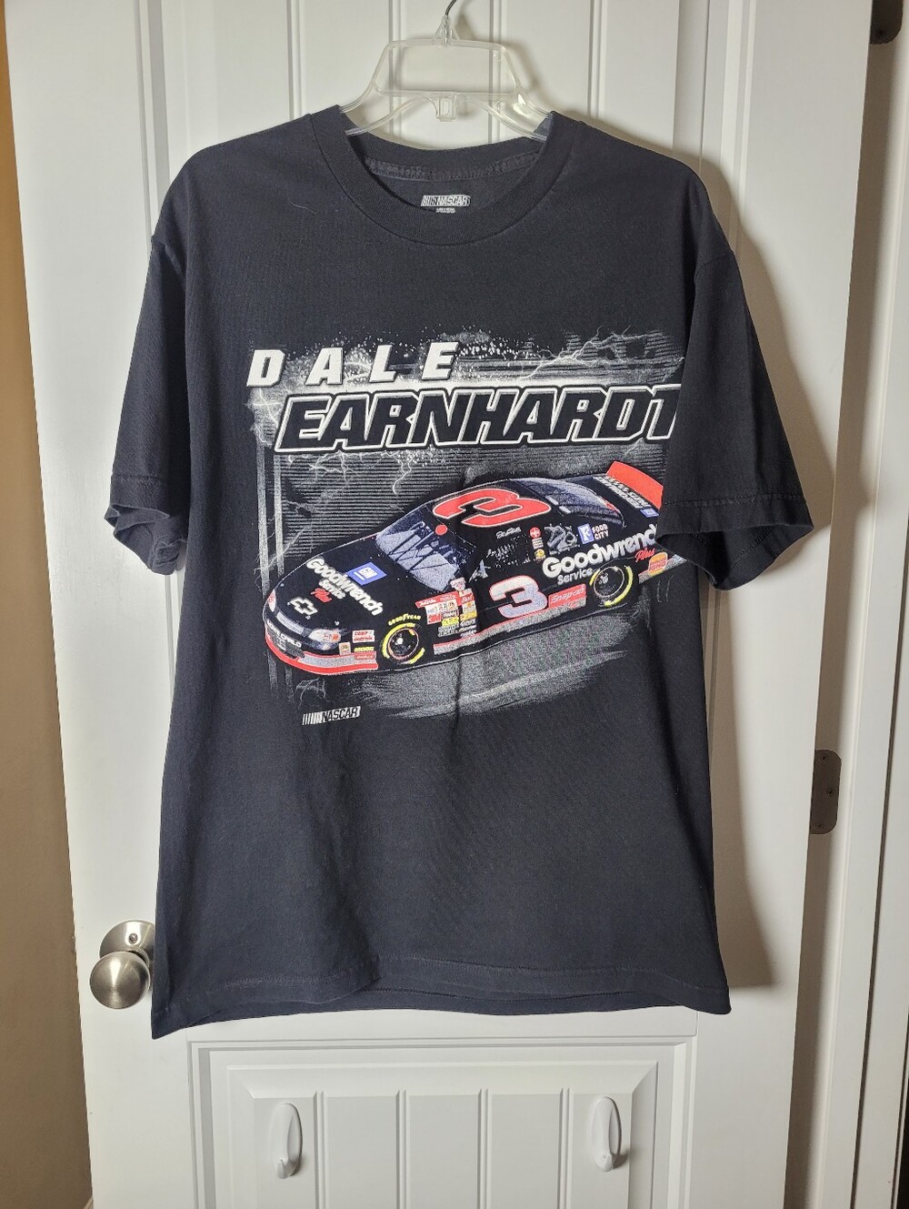 Dale Earnhardt NASCAR Black Racing Graphic Tee with printed autograph on back.